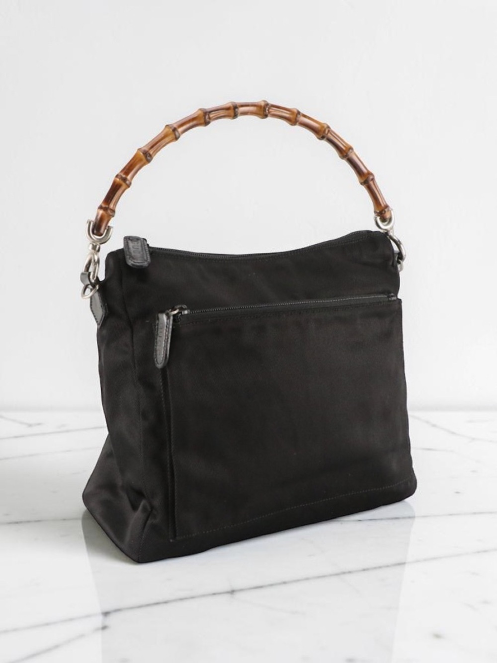 Vintage Gucci Black Nylon Canvas Bamboo Handle Shoulder Bag GG Jacquard Hobo